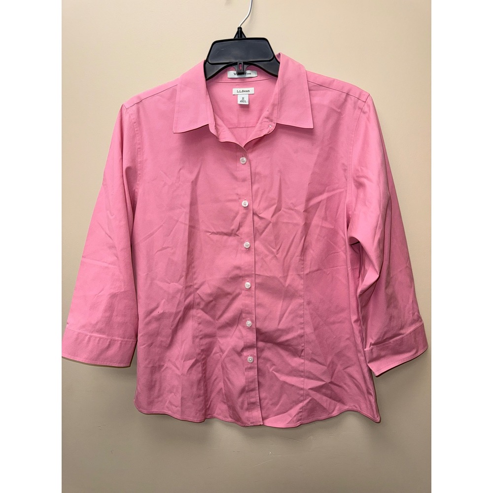 LL Bean Womens Pink Wrinkle Free 3/4 Sleeve Button Down Shirt Size M Regular